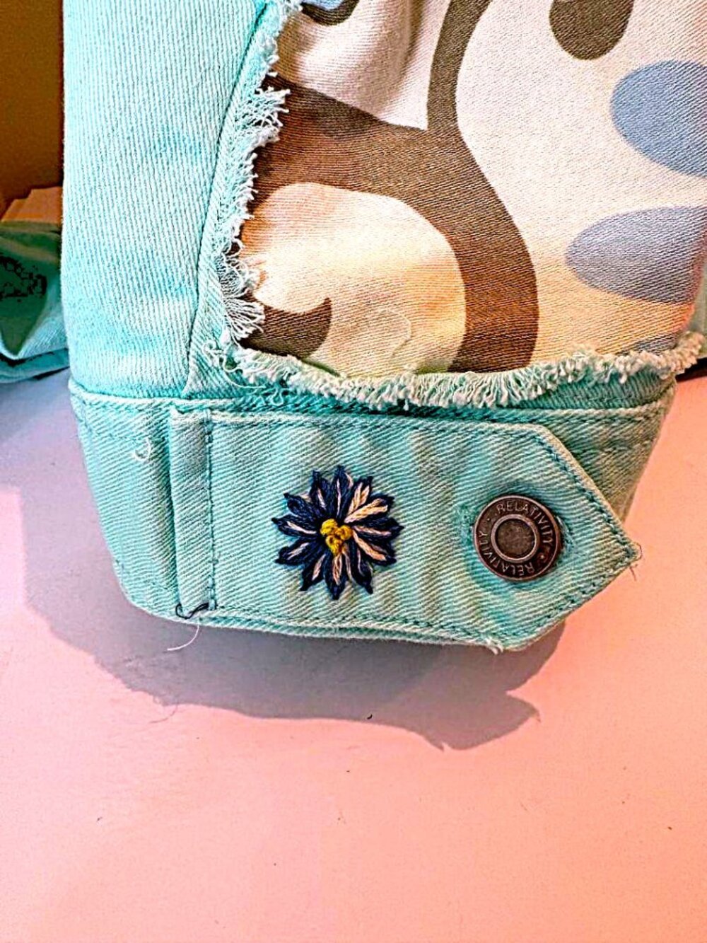 Women's Plus size Bohemian Hand Embroidered Frayed Mint Green Denim Jacket XXL - Picture 8 of 9